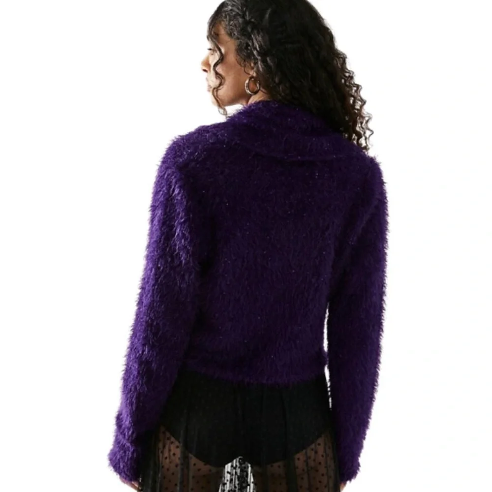 Free People Mina Cardigan Eyelash Knit Cropped Sweater in Purple, Size XS, NWT
